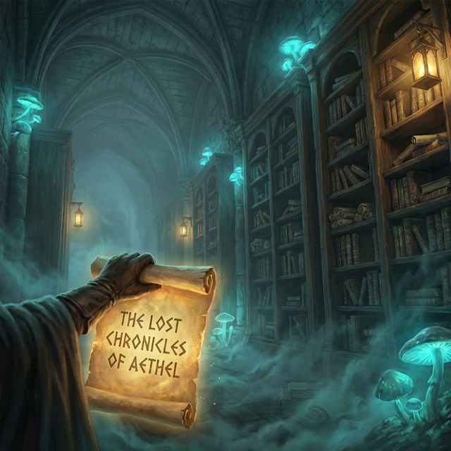 A glowing scroll revealing ancient secrets in a mysterious library