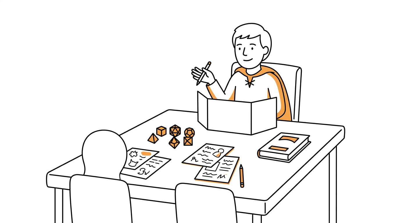 A dungeon master at a game table with dice, papers, and a recording setup