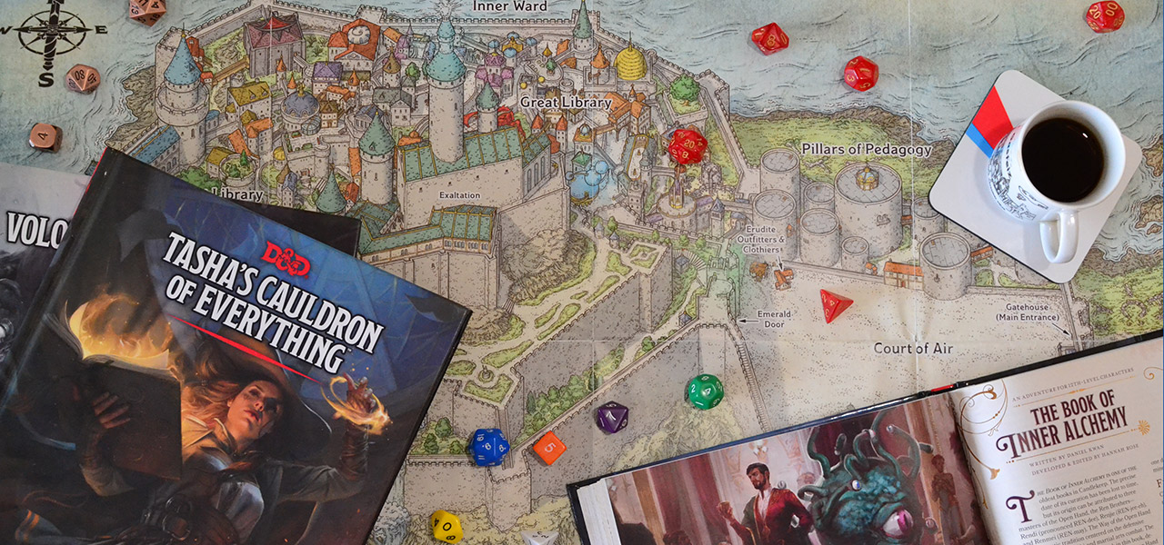 A collection of digital D&D tools on a wooden table