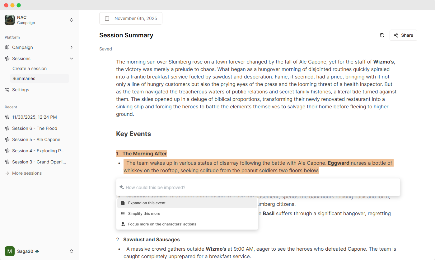 Saga20 Dashboard showing session summaries