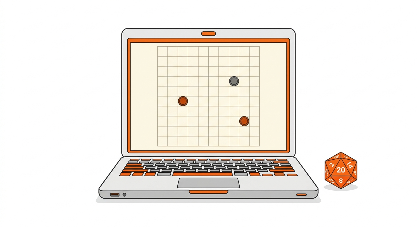 An open laptop showing a grid battle map with tokens, a d20 beside it