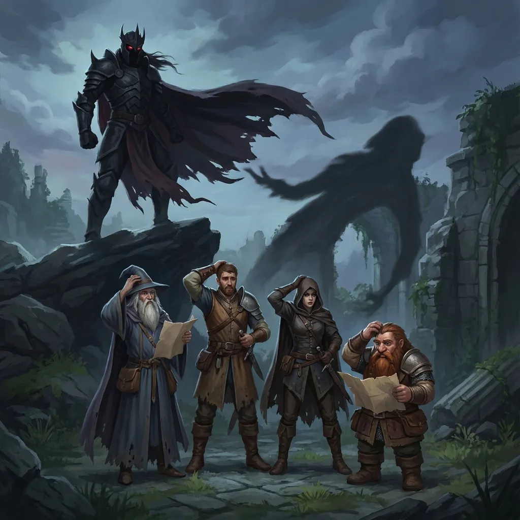 A menacing fantasy villain casting a shadow over a group of forgetful adventurers