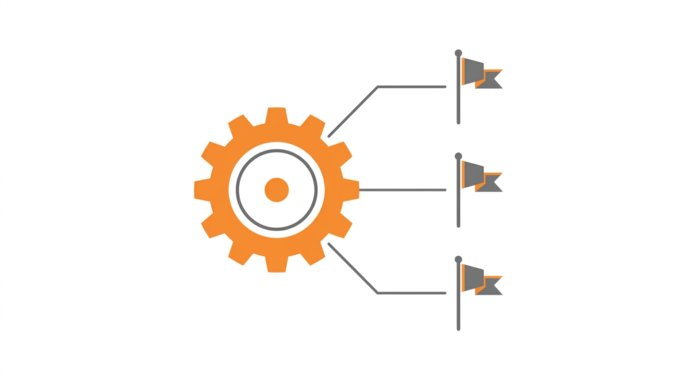 Simple flat illustration of a gear-shaped engine driving three small flags representing factions, drawn in flat orange and grey on a white background