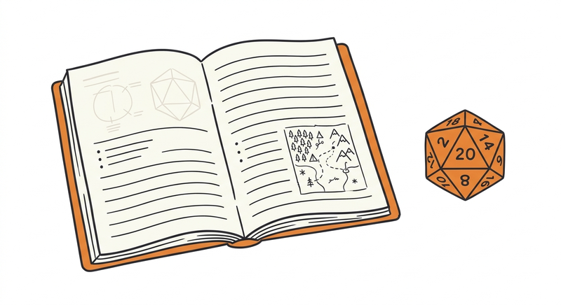 Open D&D campaign journal beside a d20 die