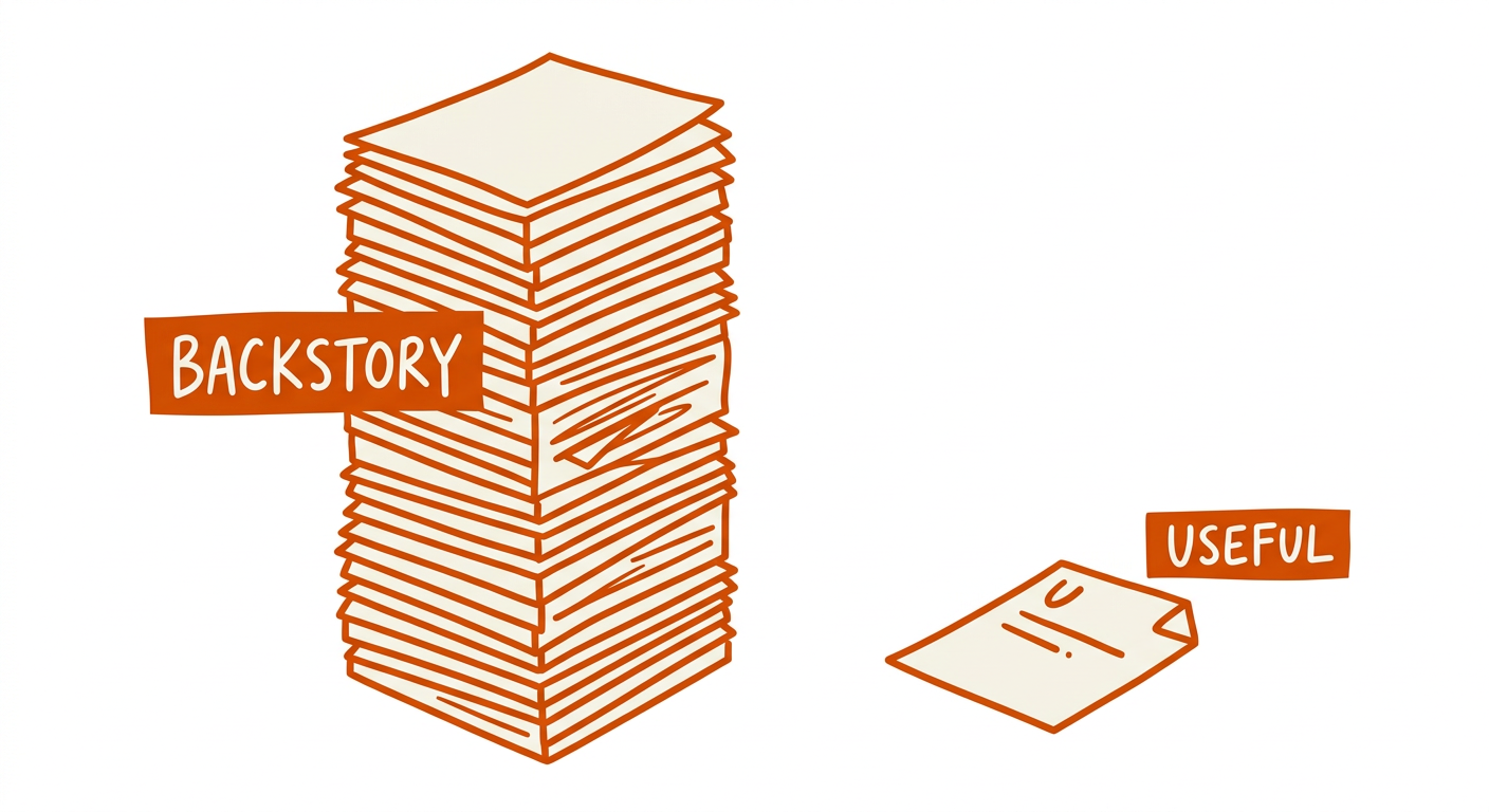 Simple flat illustration of a stack of paper pages labelled BACKSTORY next to a tiny one-page version labelled USEFUL, white background, orange accent, minimal detail