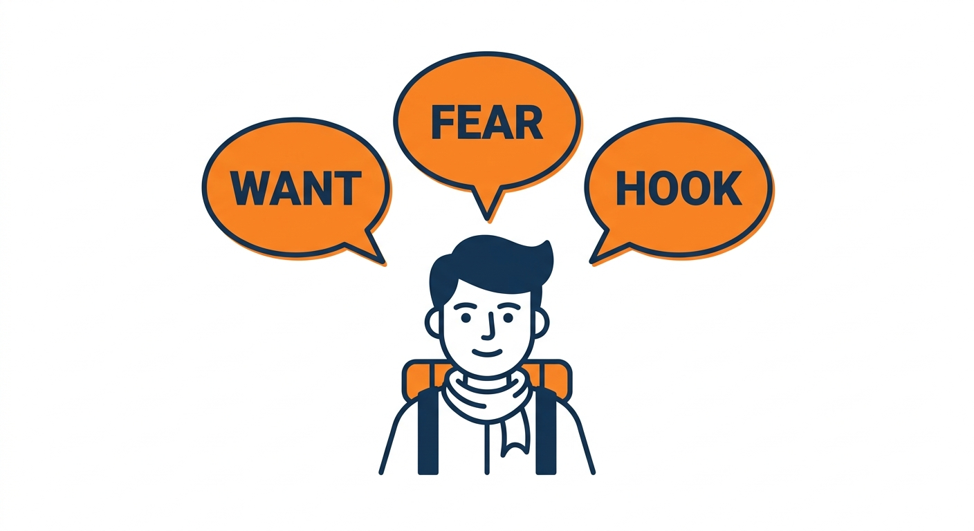 Simple flat illustration showing a small portrait of an adventurer with three speech bubbles labelled WANT, FEAR, and HOOK, white background, orange accent, minimal detail