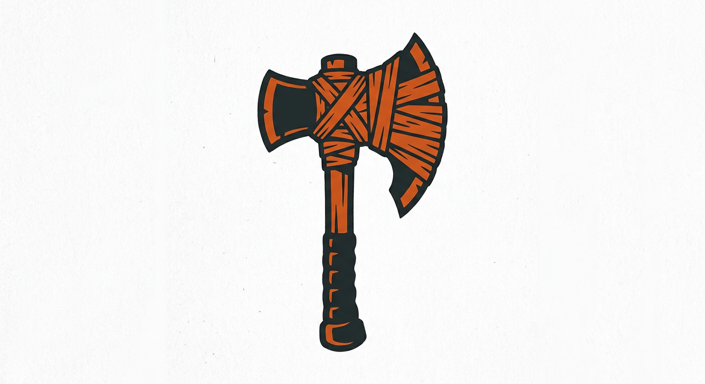 Bold two-color emblem of a battle axe with its blade wrapped in cloth bandages, representing a pacifist barbarian