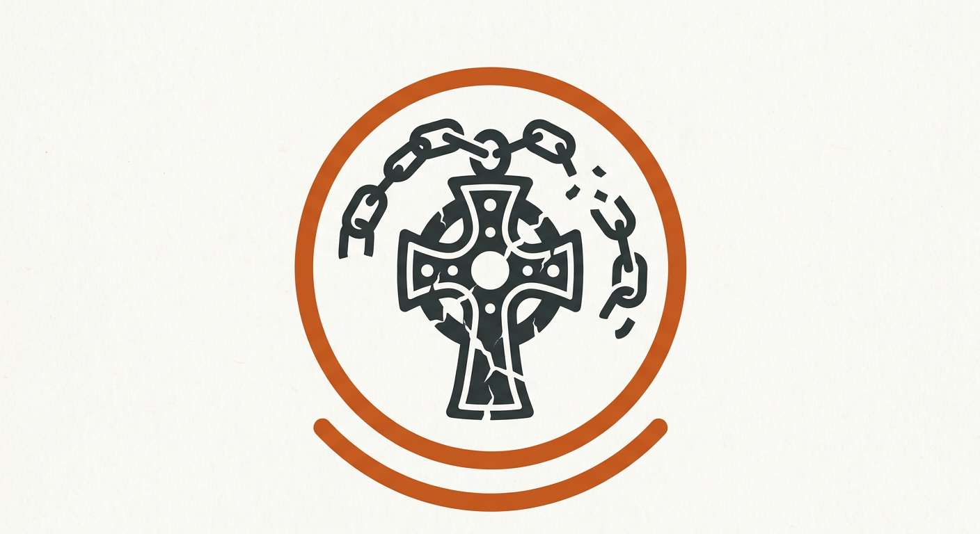 Bold two-color emblem of a cracked holy symbol on a broken chain, representing a cleric who lost their faith