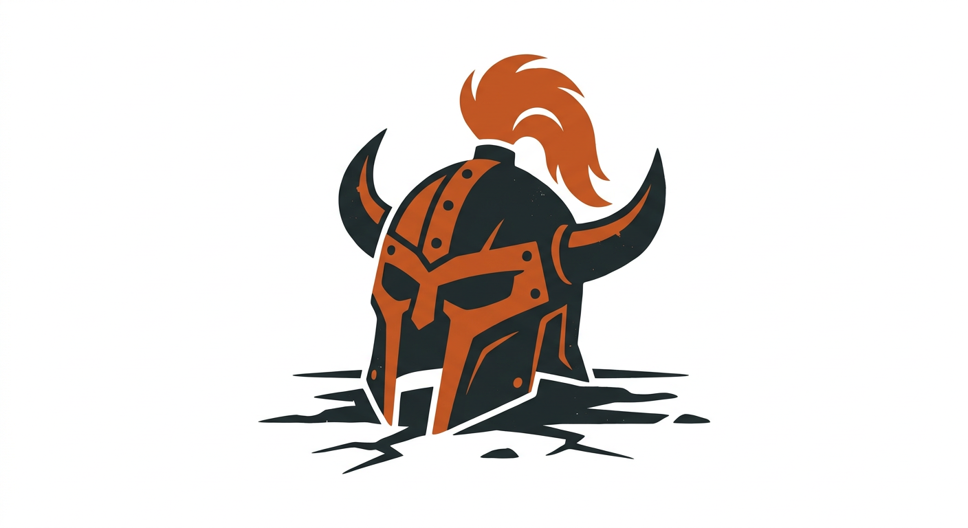 Bold two-color emblem of a horned villain helmet set down on cracked ground, representing a retired villain
