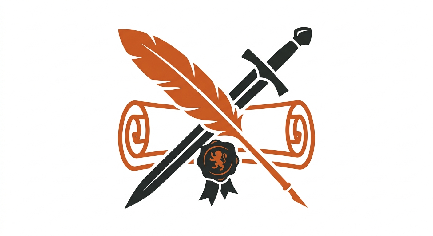 Bold two-color emblem of a feather quill crossed with a sword over a sealed scroll, representing a bureaucrat adventurer
