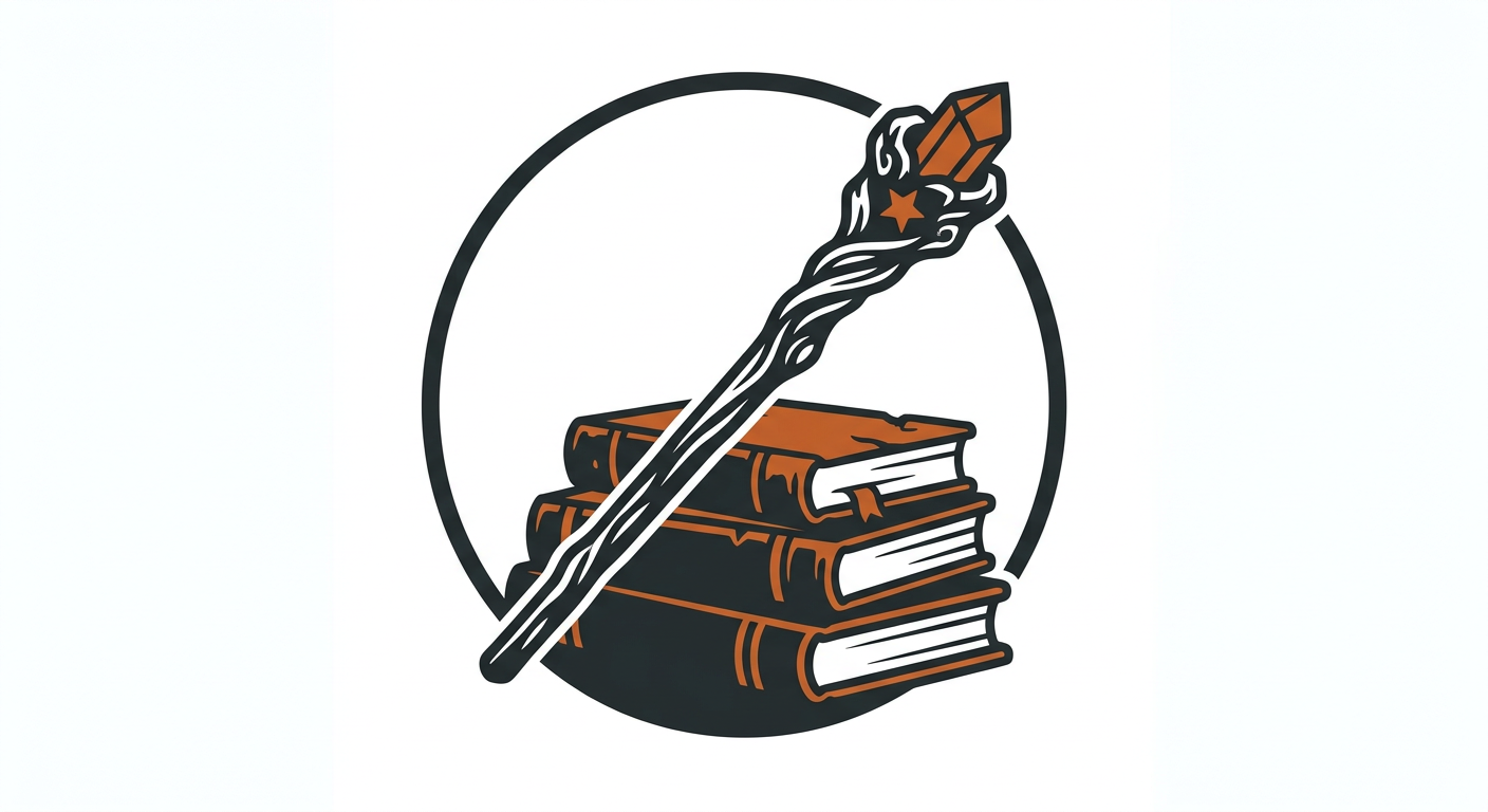 Bold two-color emblem of a wizard staff leaning against a stack of old books, representing an apprentice whose master died