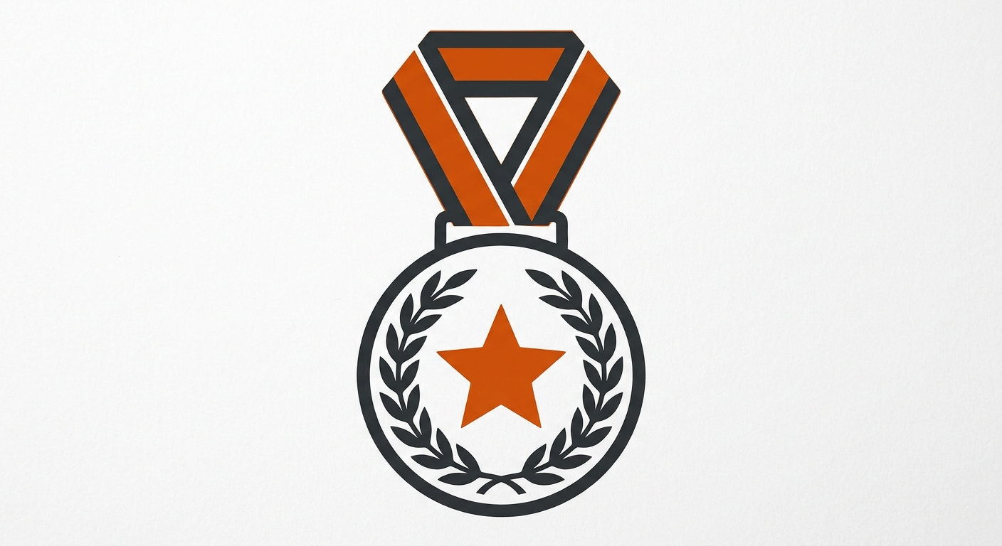 Bold two-color emblem of a victory medal with a laurel wreath and star, representing a hometown hero