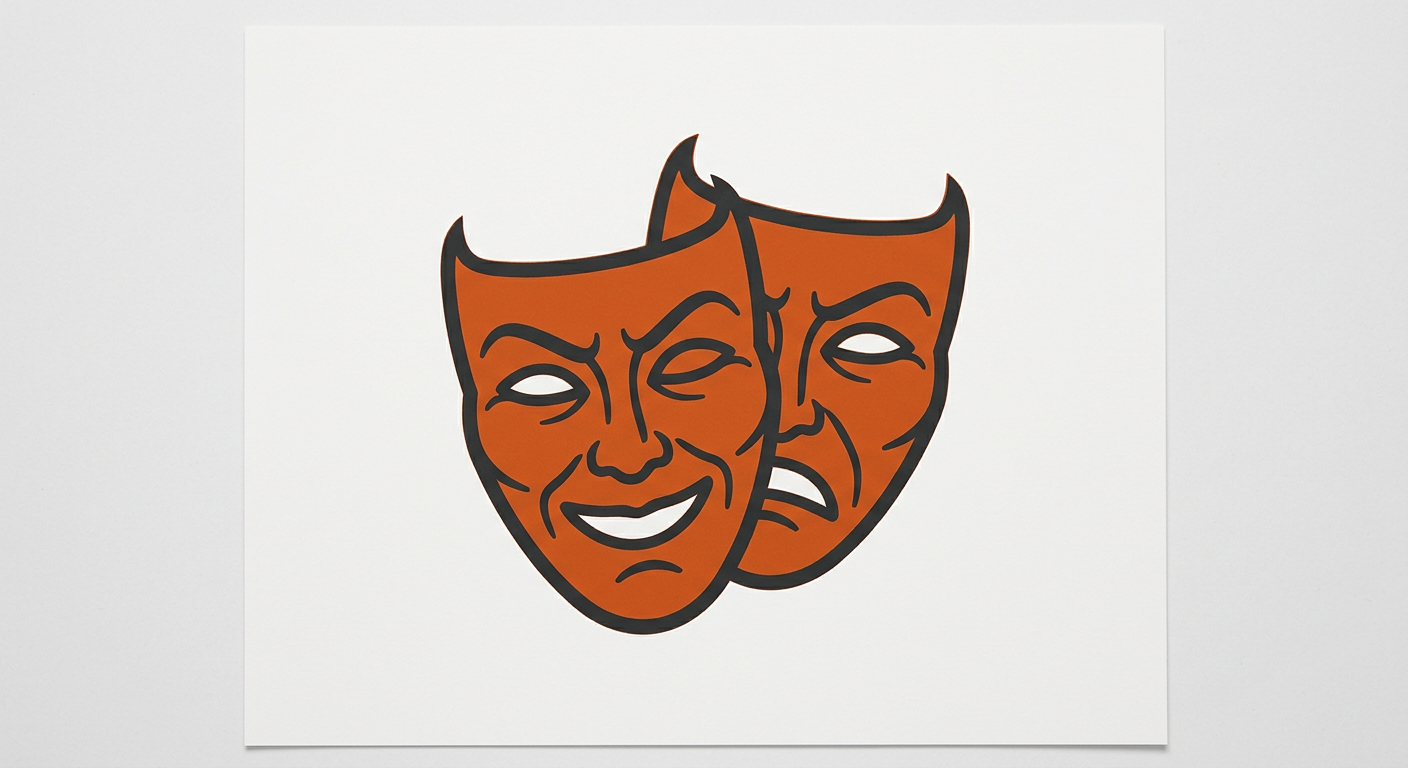 Bold two-color emblem of two overlapping theatre masks, representing a character living under a borrowed name