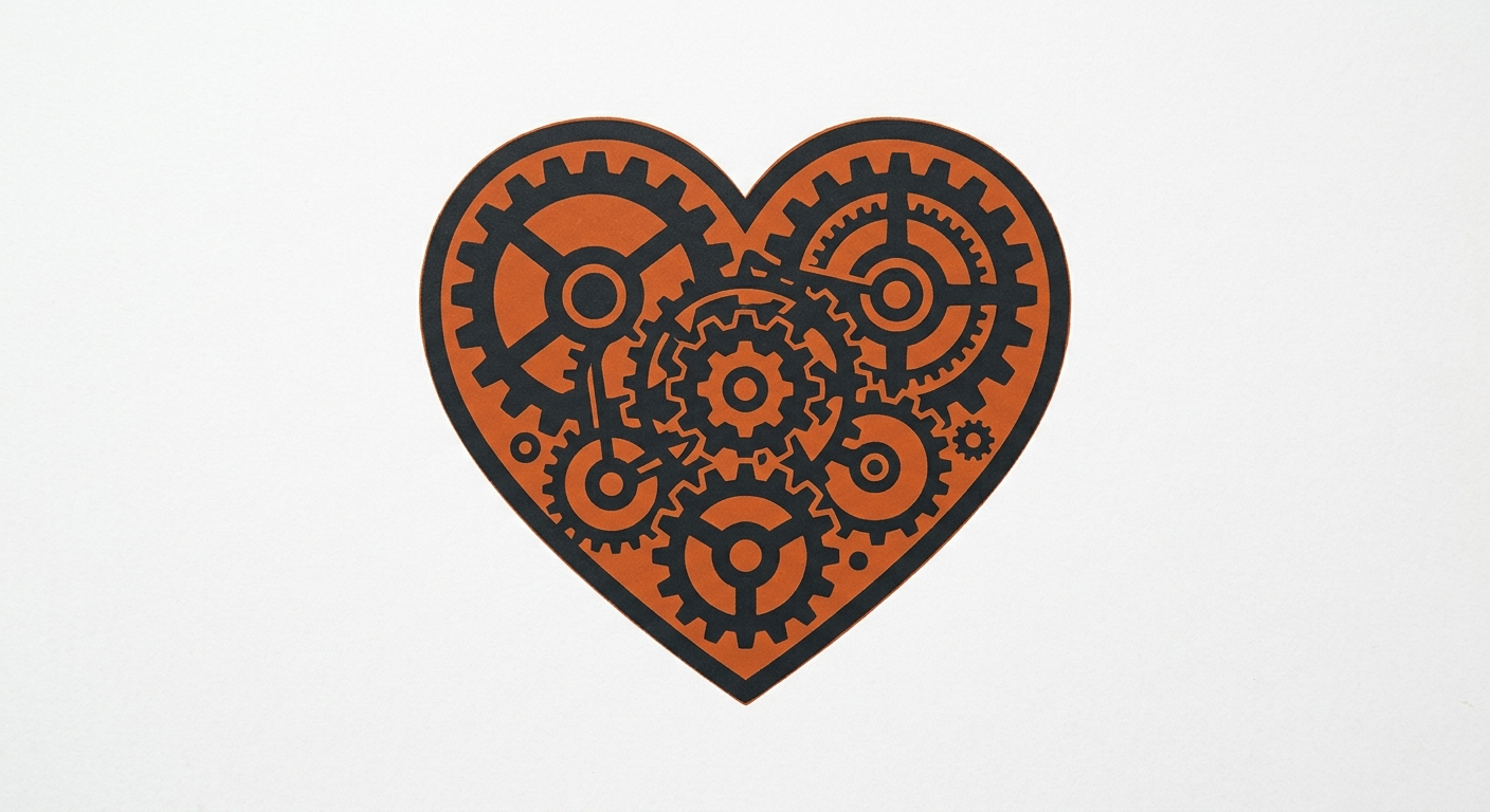 Bold two-color emblem of a mechanical heart made of interlocking gears, representing a construct who thinks they are human
