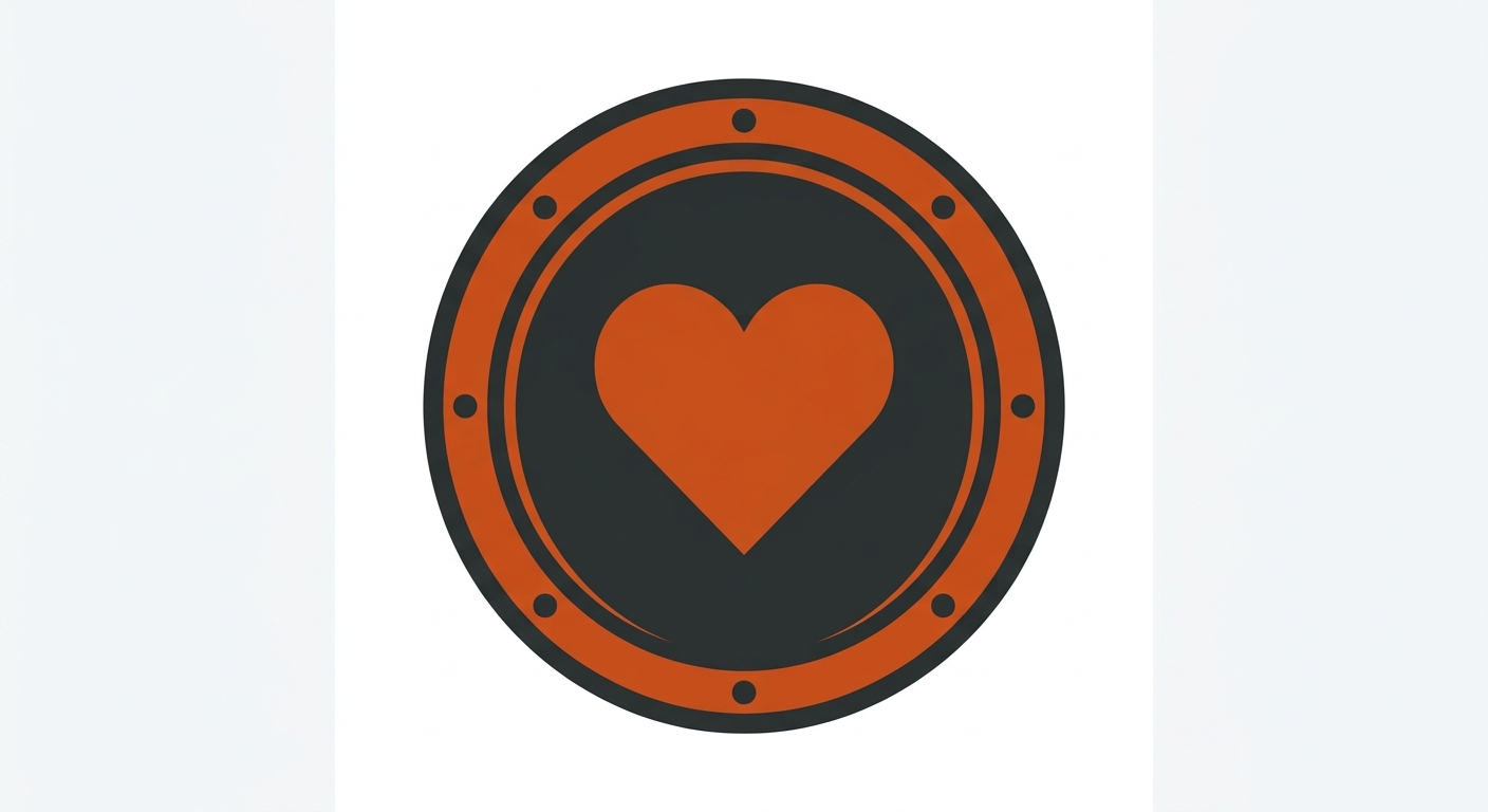Bold two-color emblem of a round shield with a heart on its face, representing an earnest idiot character