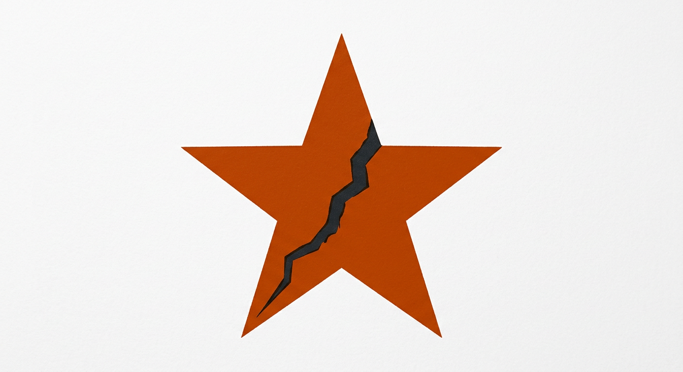 Bold two-color emblem of a five-pointed star with a crack splitting through it, representing a failed chosen one