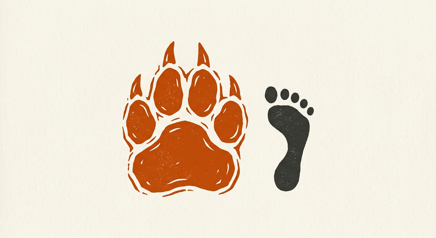 Bold two-color emblem of a large animal paw print beside a small human footprint, representing a beastmaster who is the sidekick