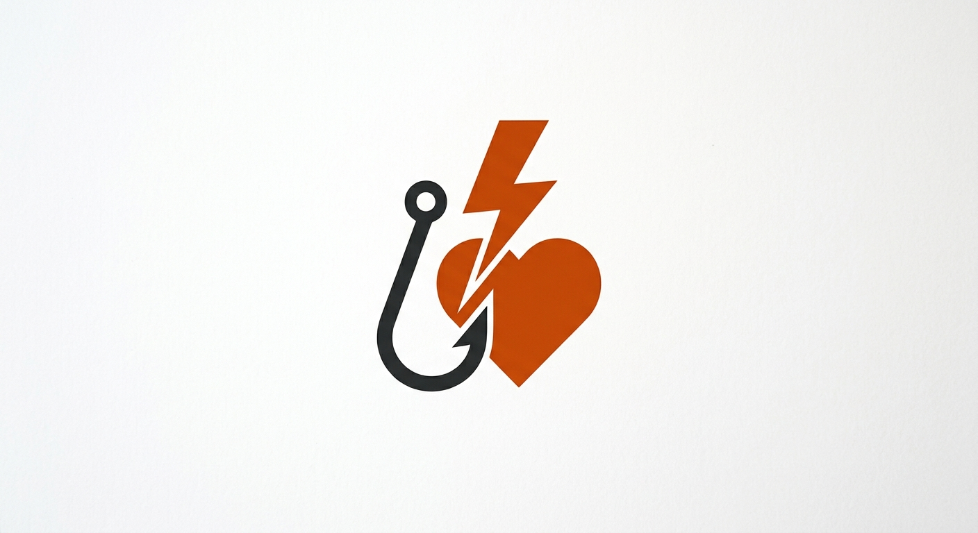 Bold two-color emblem of a heart, a lightning bolt, and a fish hook grouped together, representing want, contradiction, and hook