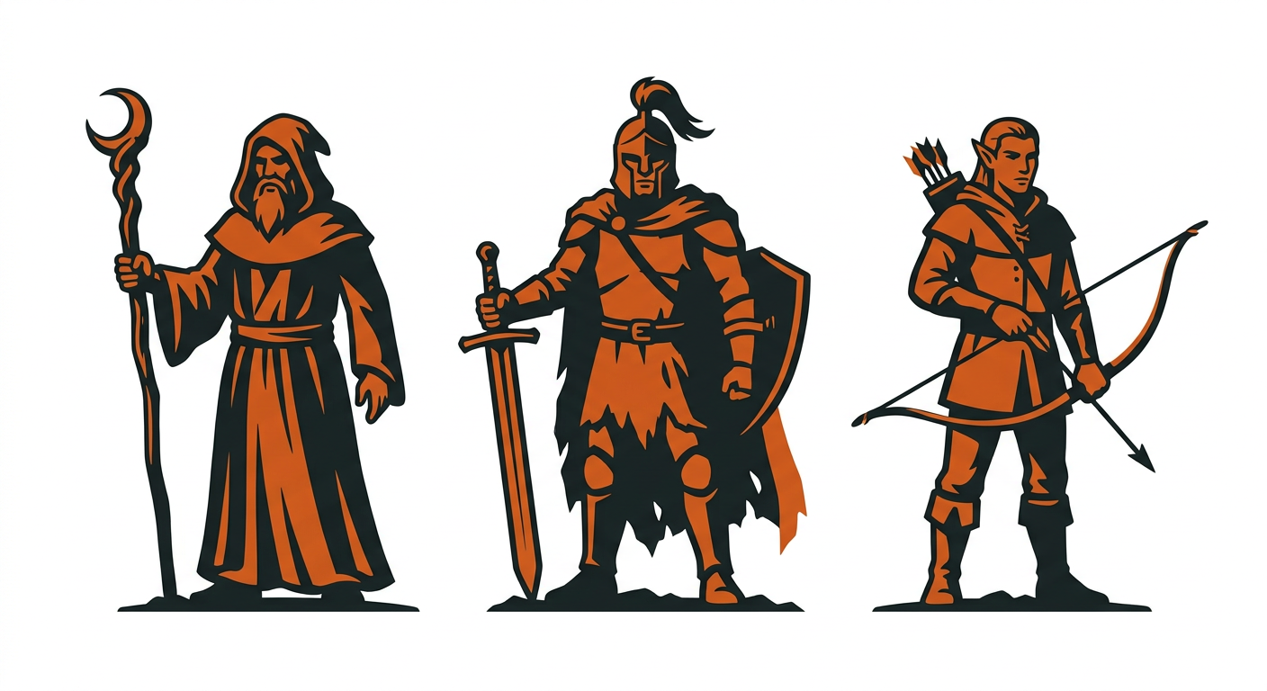 Bold two-color emblem of three fantasy adventurer figures standing in a row, one with a staff, one with a sword, one with a bow