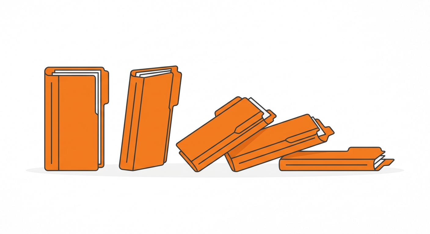 Simple flat illustration of five folders where two stand upright and three have toppled over