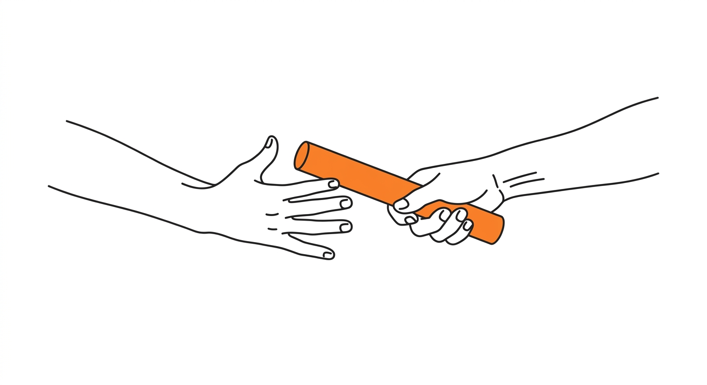 Simple flat line illustration of one hand passing a relay baton to another hand
