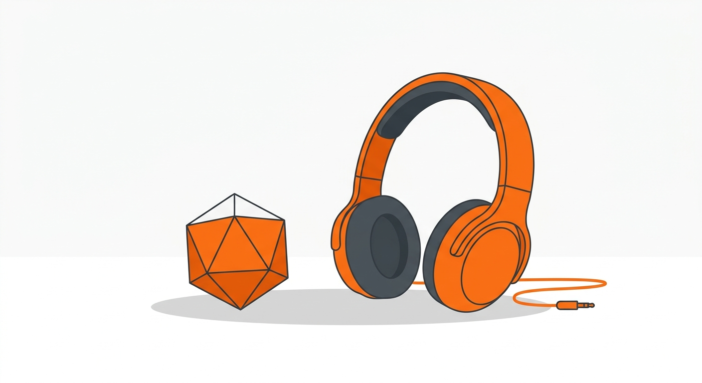 Simple flat illustration of a headset resting beside a twenty sided die