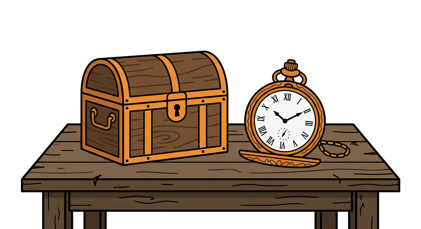 Simple flat illustration of a treasure chest beside a ticking pocket watch on a tavern table