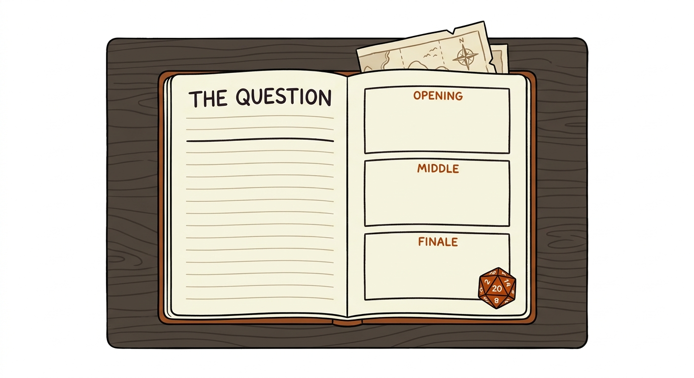 Simple flat illustration of an open D&D notebook with a dramatic question written at the top and three boxes labelled opening, middle, and finale