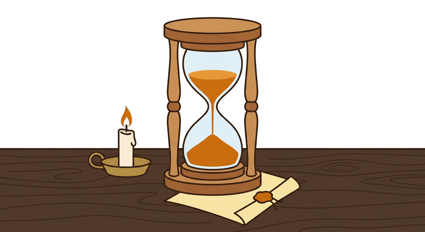 Simple flat illustration of a tall hourglass with sand pouring through, a candle burning beside it, and a folded parchment with a wax seal