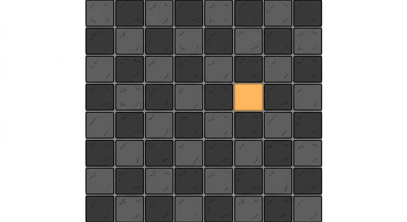 Simple flat illustration of a checkered stone floor with one tile glowing