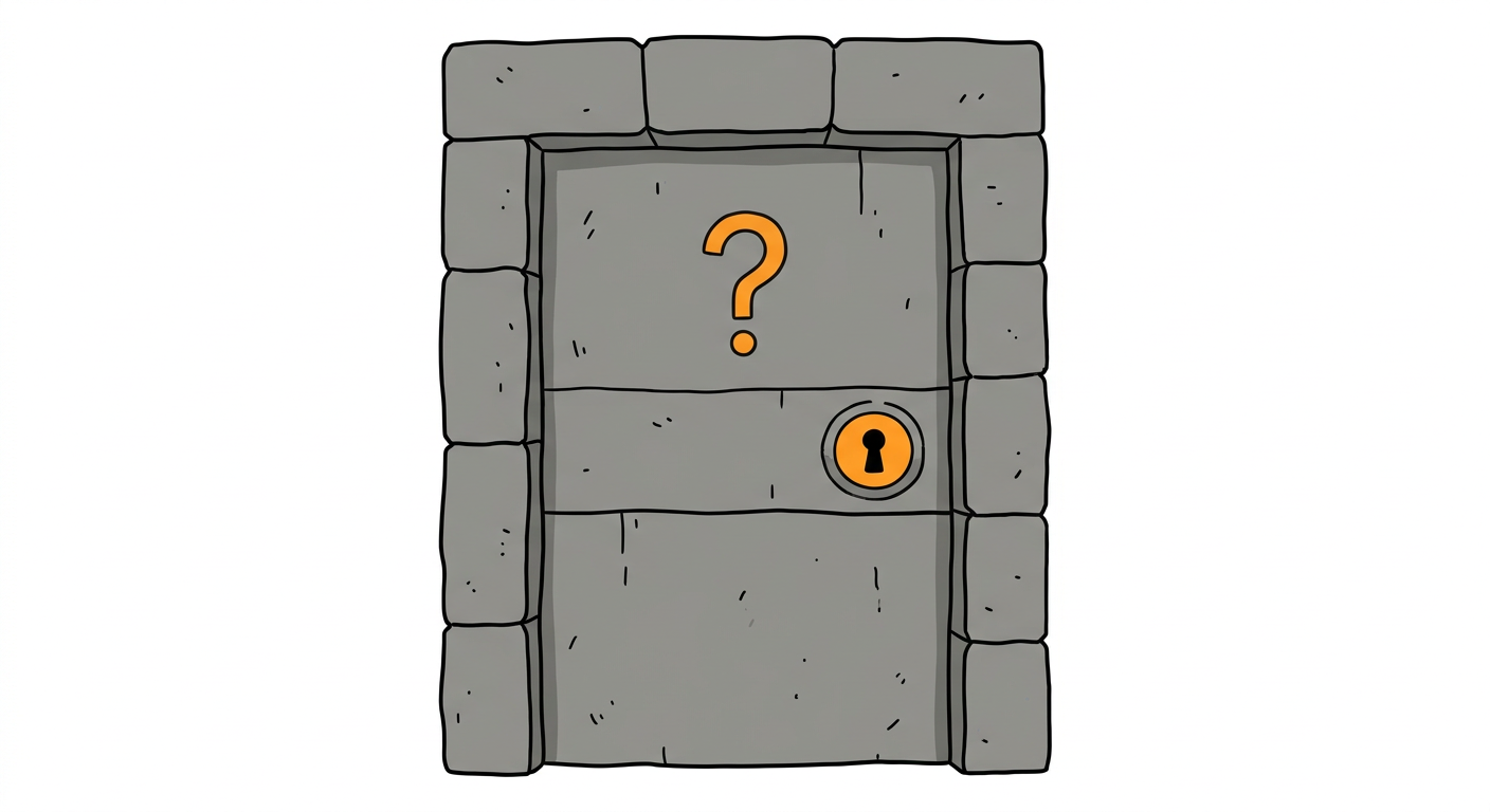 Simple flat illustration of a stone dungeon door with a question mark and a keyhole