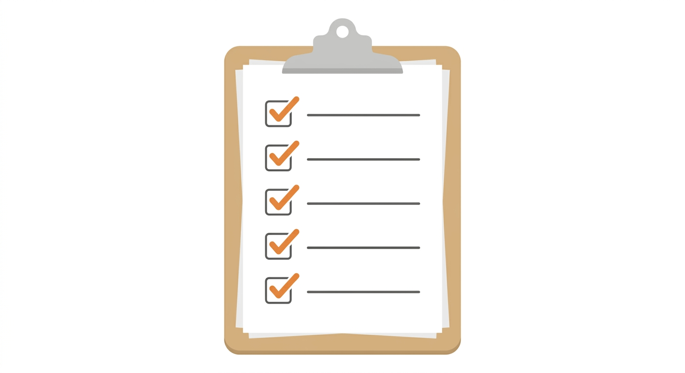 A clipboard checklist with five orange checkmarks for the core session zero topics