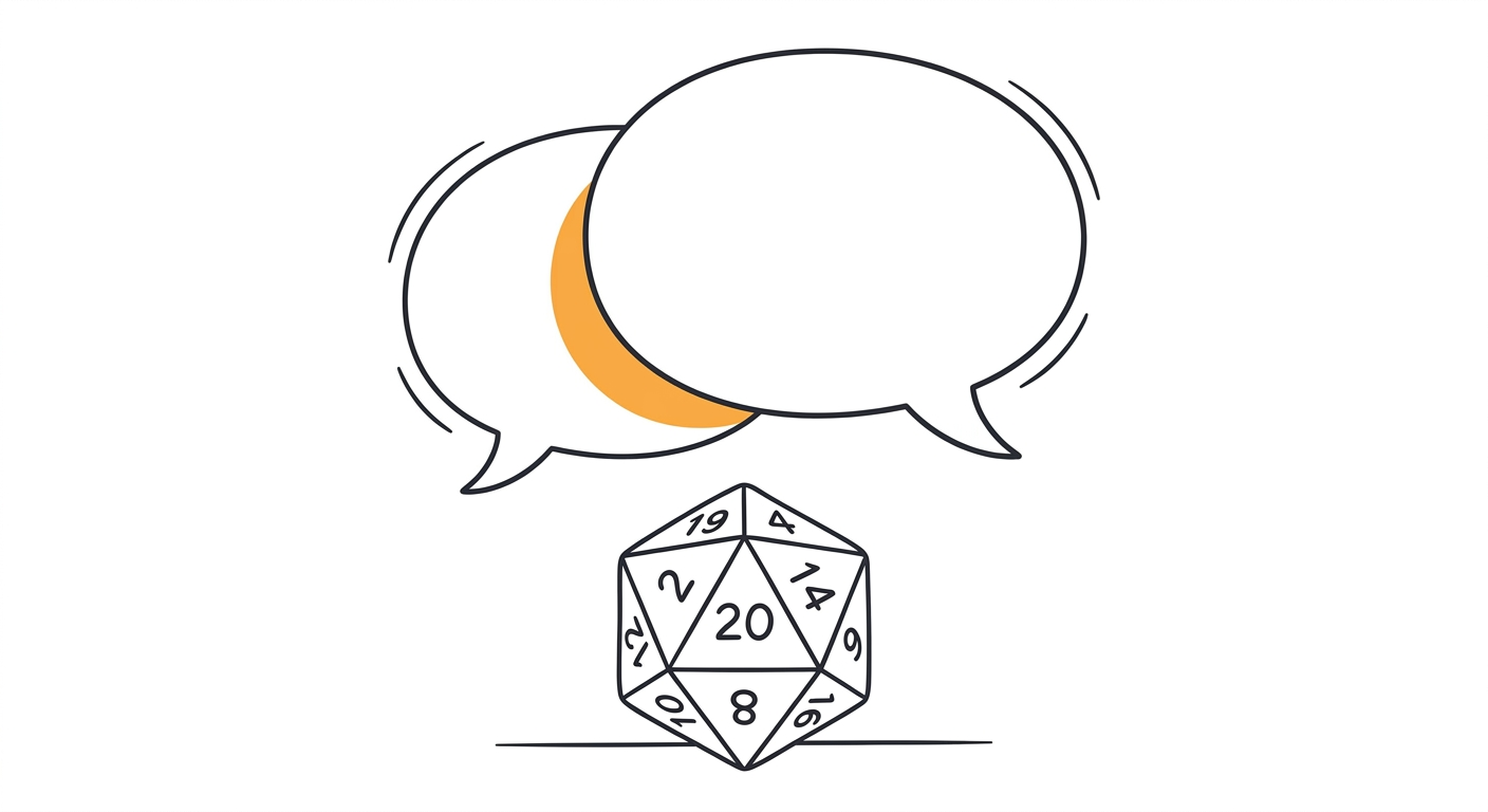 Two overlapping speech bubbles above a twenty-sided die, the table aligning on expectations