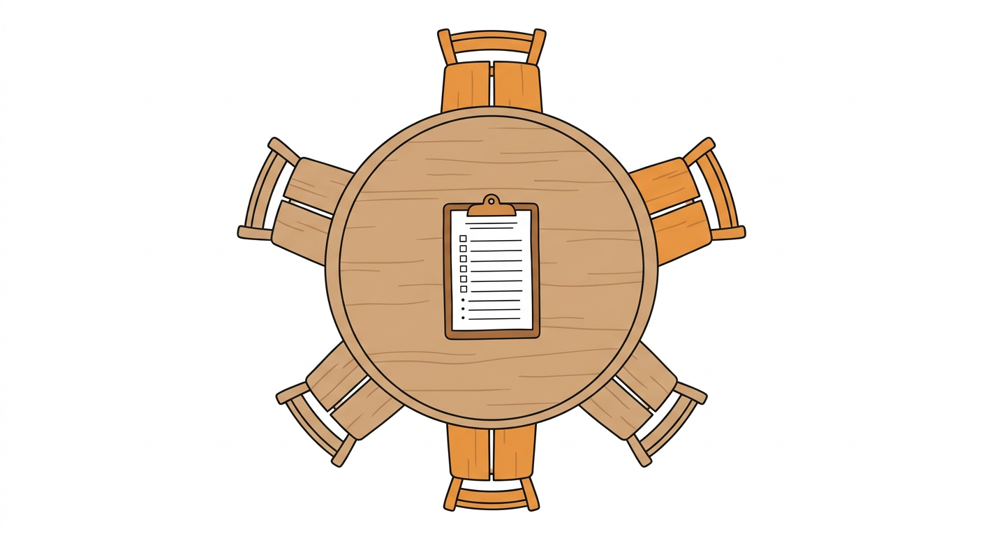 A D&D table seen from above with five empty chairs and a session zero checklist in the center