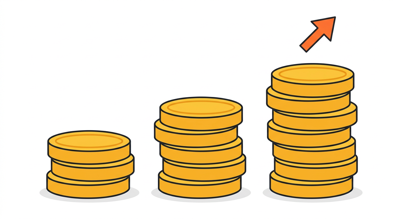 Simple flat illustration of three stacks of coins increasing in height with a small upward arrow above them