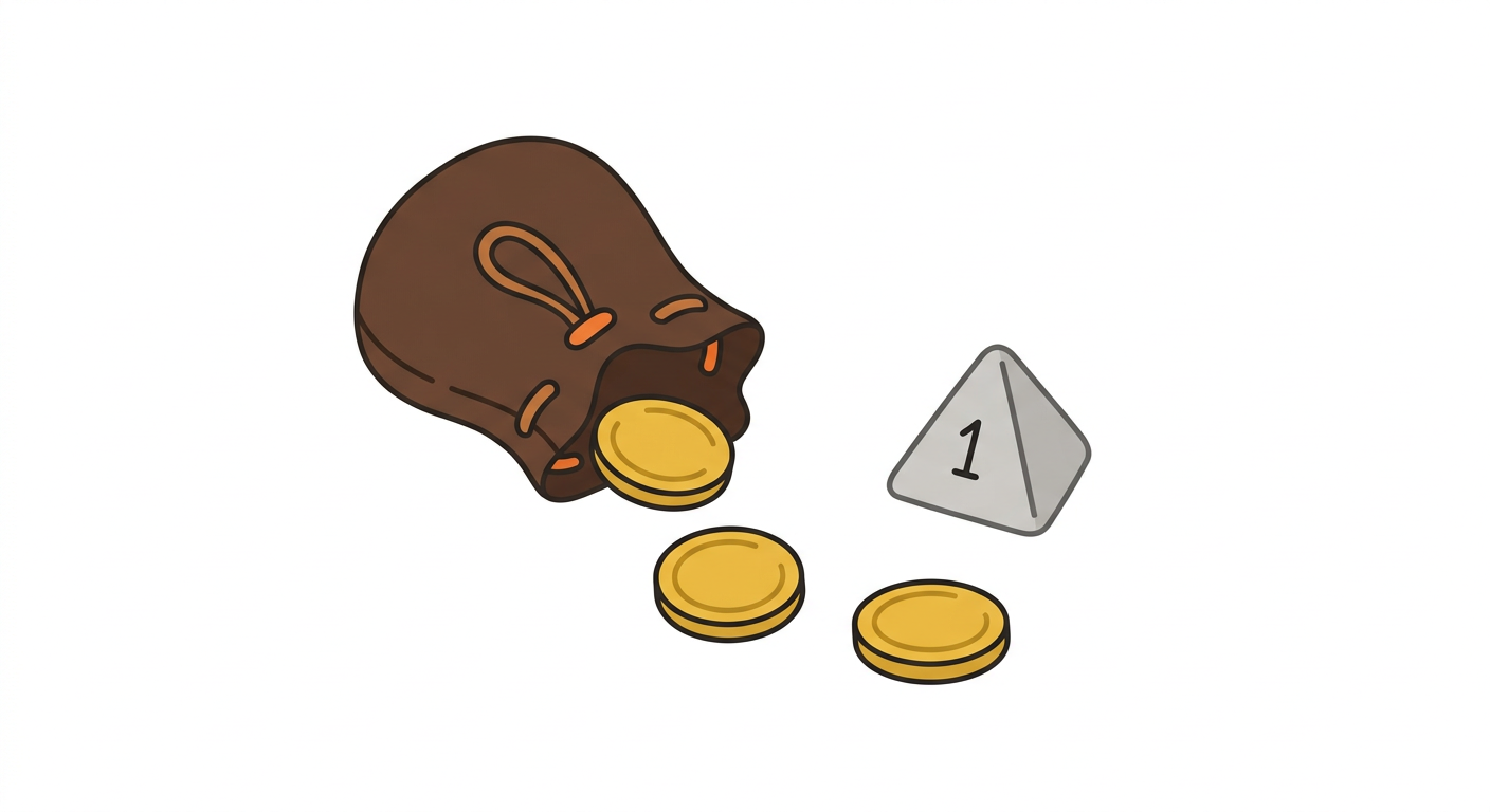 Simple flat illustration of a small coin pouch spilling a few gold coins beside a single four-sided die