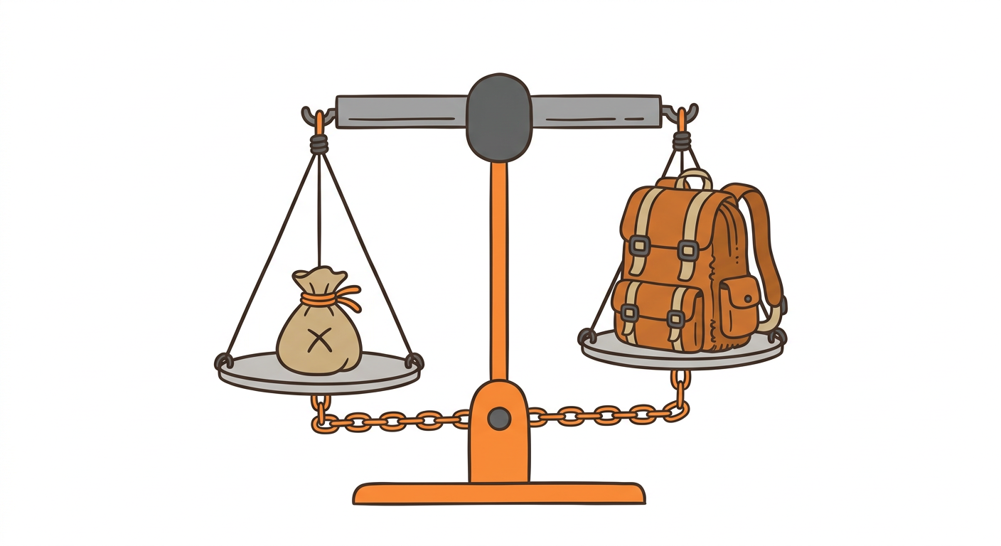 Simple flat illustration of a balance scale weighing a small bag of coins against an adventuring backpack