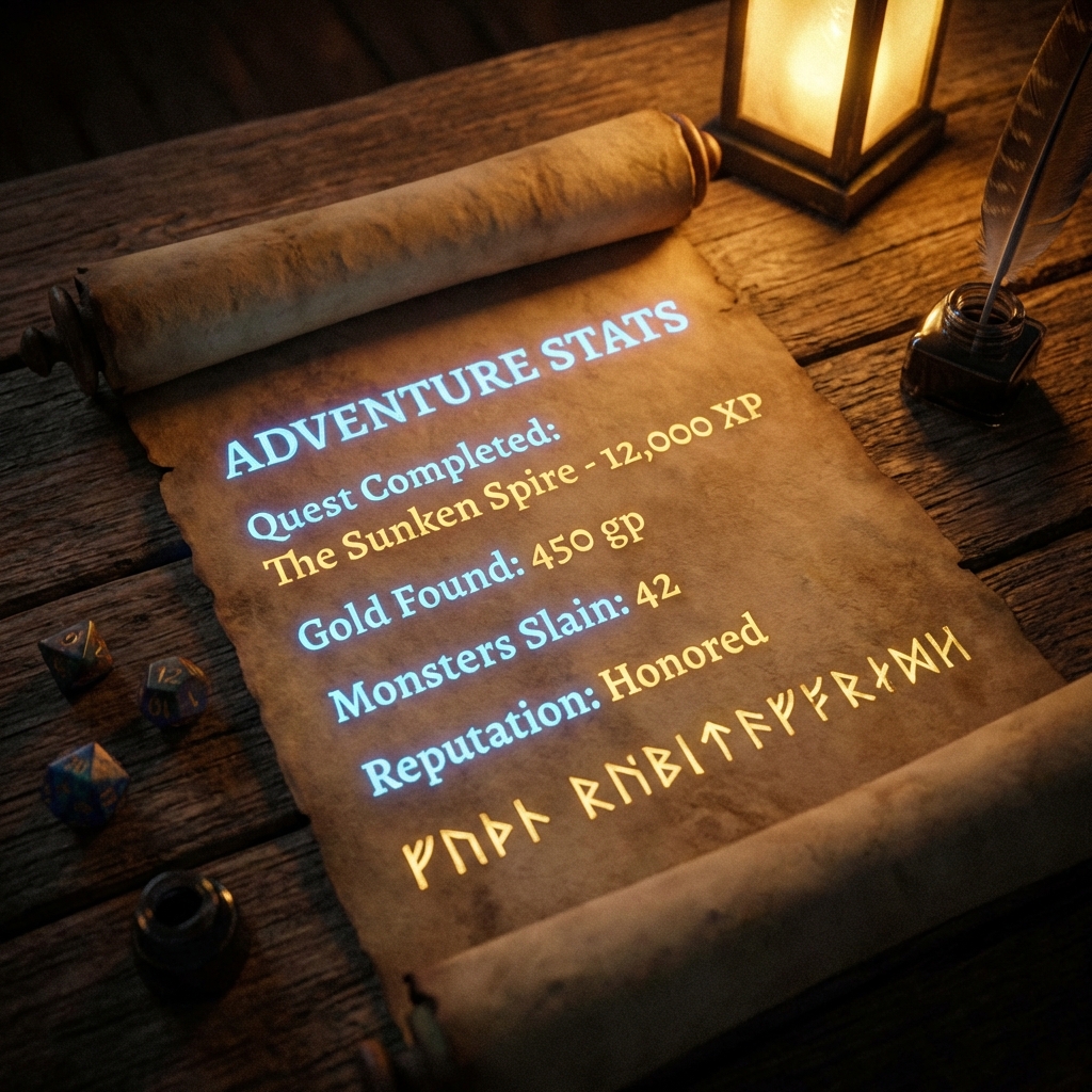 Magical scroll summarizing an adventure