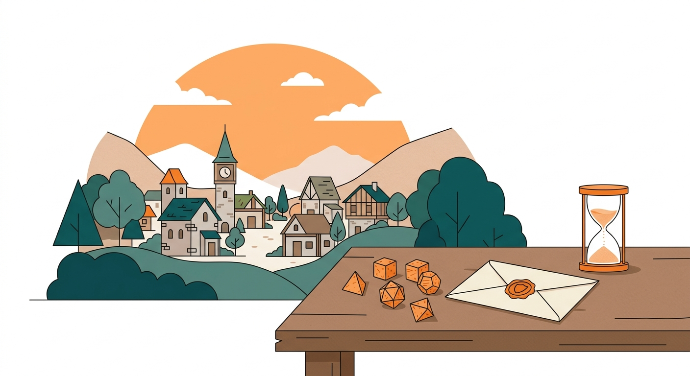 Simple flat illustration of a quiet fantasy town between adventures, with dice, a sealed letter, and an hourglass on a table
