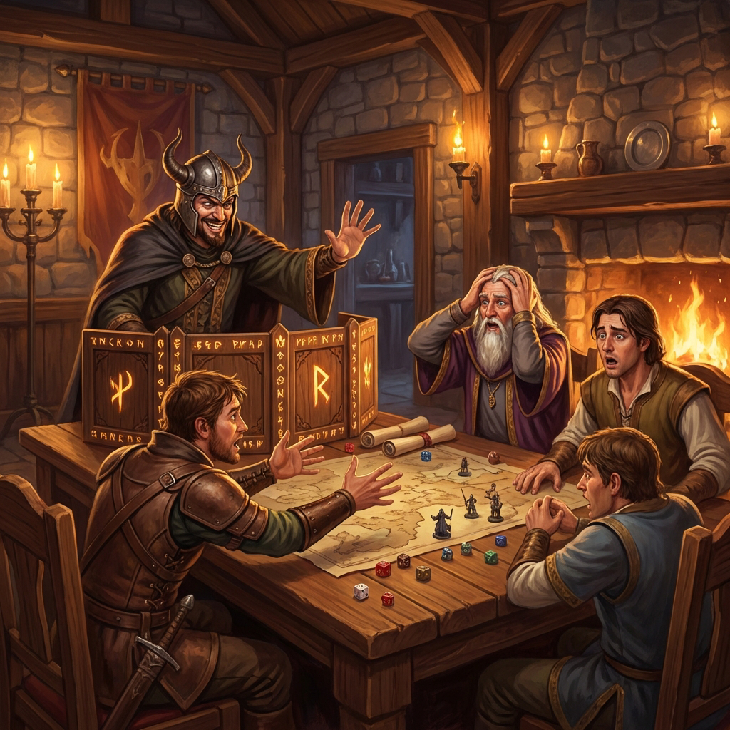A grinning Dungeon Master behind a screen, players in shock around the table