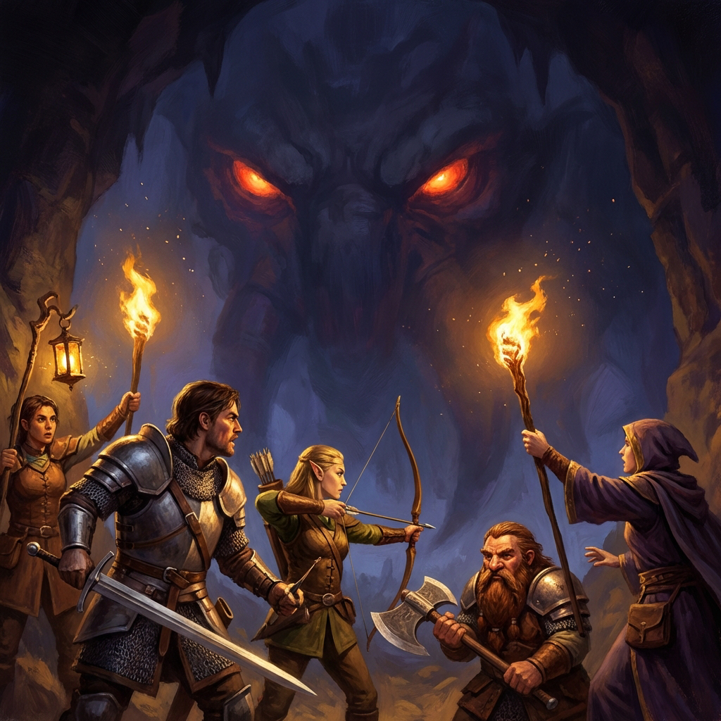 Adventurers frozen at the edge of a dark cavern, torchlight revealing glowing red eyes in the shadows