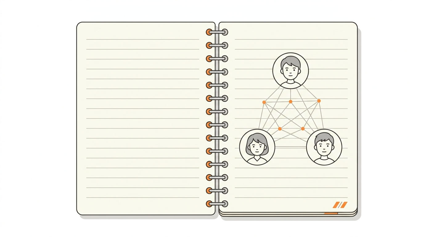 Simple flat illustration of an open notebook with three small character portrait icons connected by thin lines, single orange accent on a white background