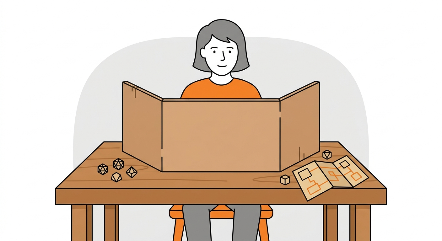 Simple flat illustration of a Dungeon Master sitting behind a DM screen at a table with dice and a map, orange accent on a white background