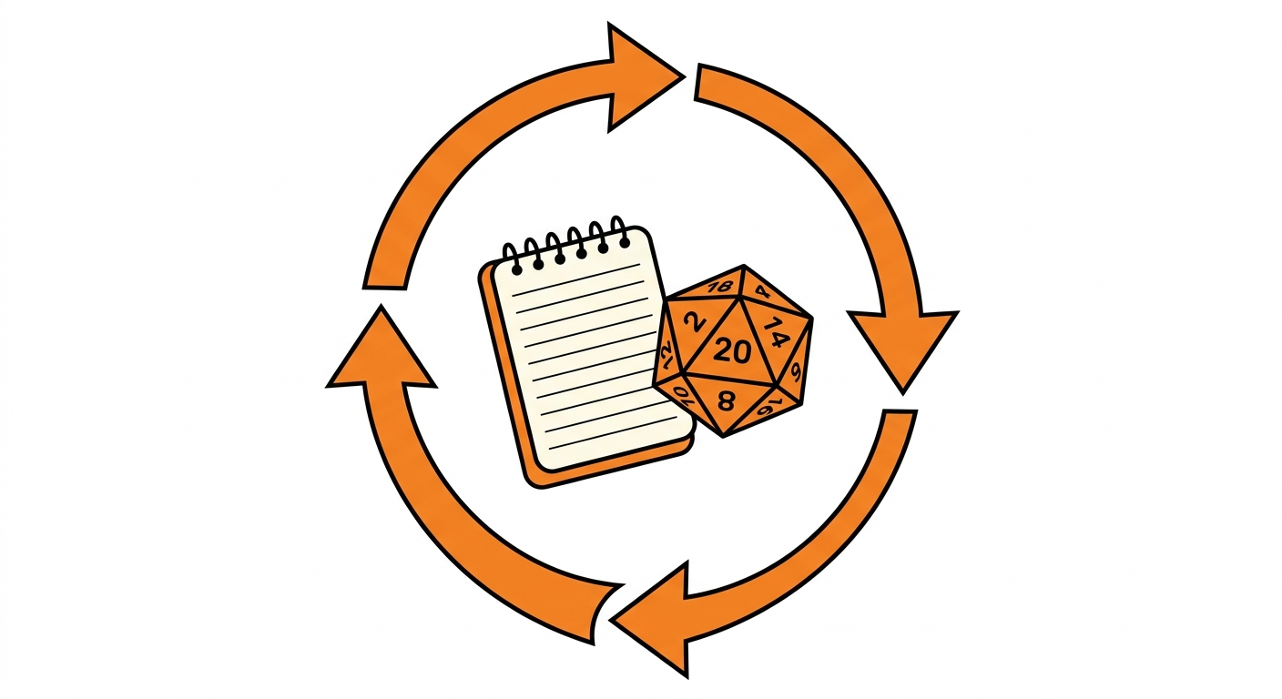 Simple flat illustration of four arrows forming a circle around a small open notebook and a d20, single orange accent on a white background