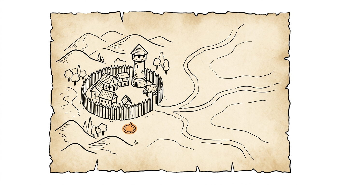 A hand drawn parchment map showing a small walled frontier village with trails leading east into empty unexplored land