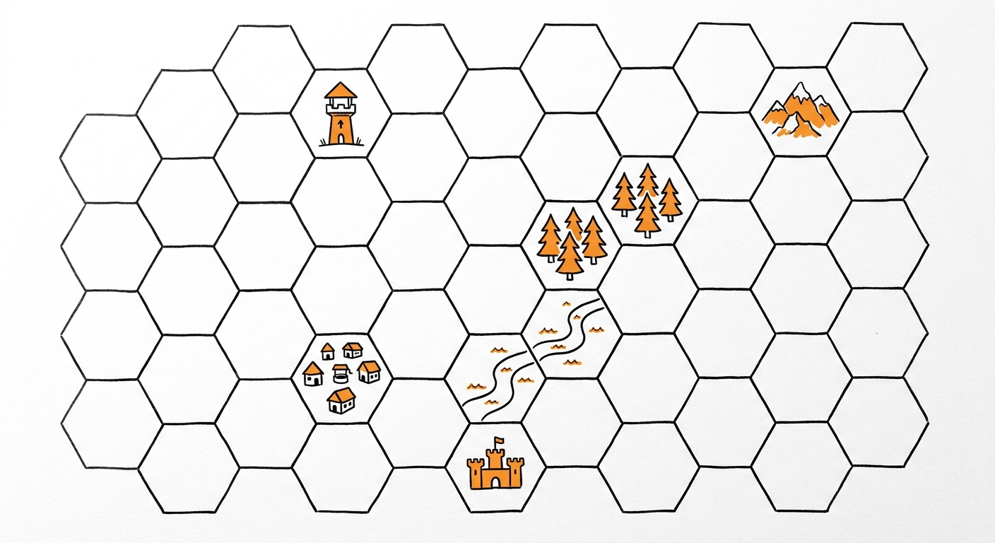 A hand drawn hex grid map, mostly empty, with a few hexes filled in showing a tower, forest, village and castle