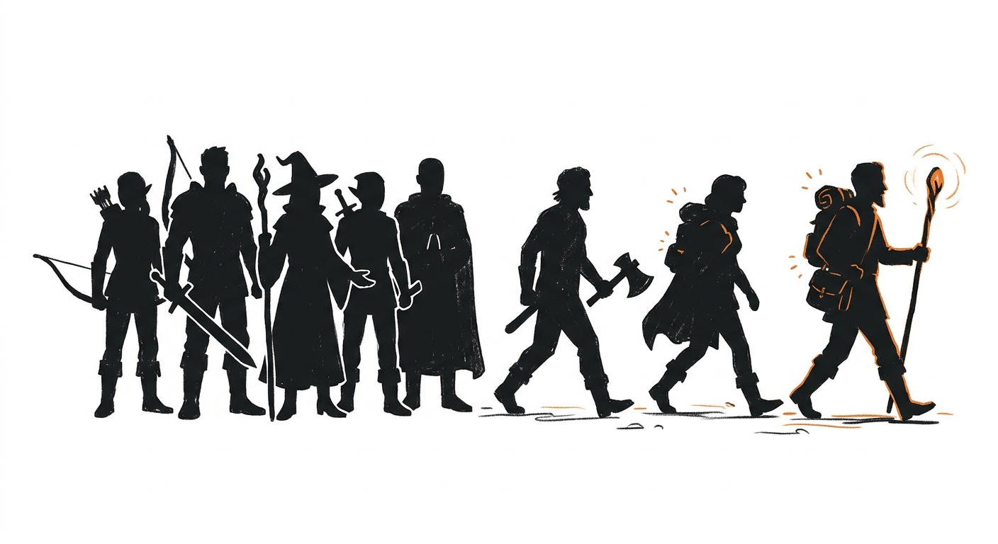 Silhouettes of eight fantasy adventurers standing as a group, with three stepping forward to leave