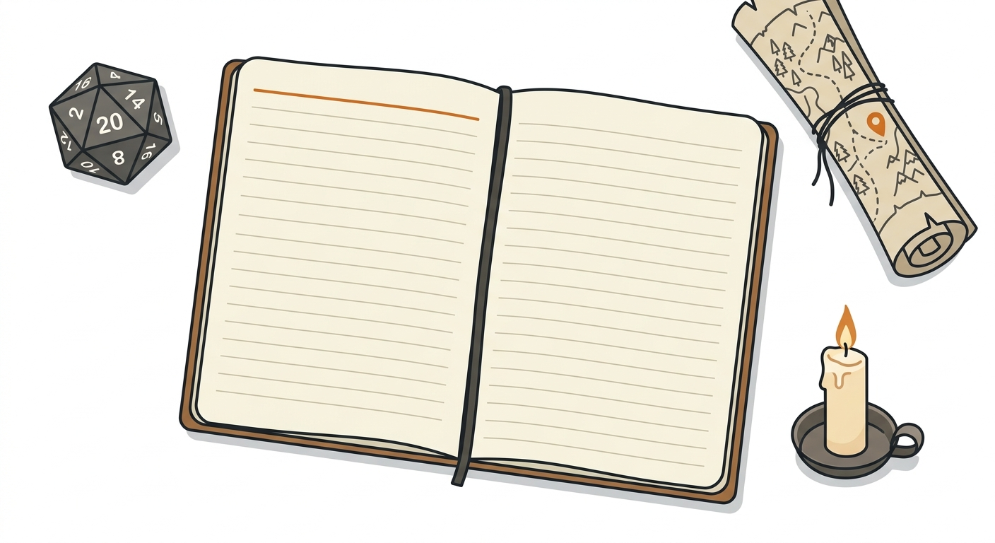 Simple flat illustration of a dungeon master notebook with a d20 die, a candle, and a rolled parchment map