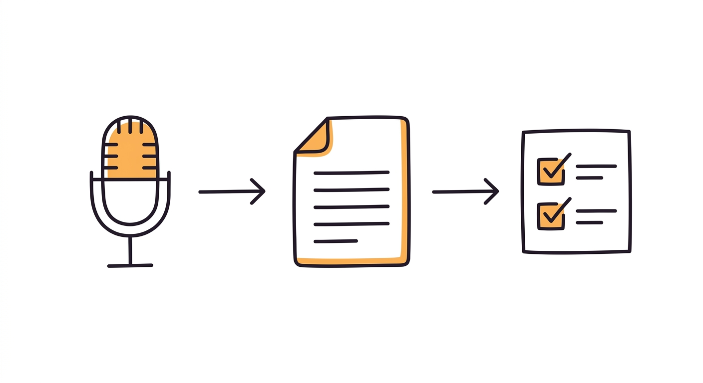 Diagram showing audio from a microphone becoming a text document and then a short checklist of notes