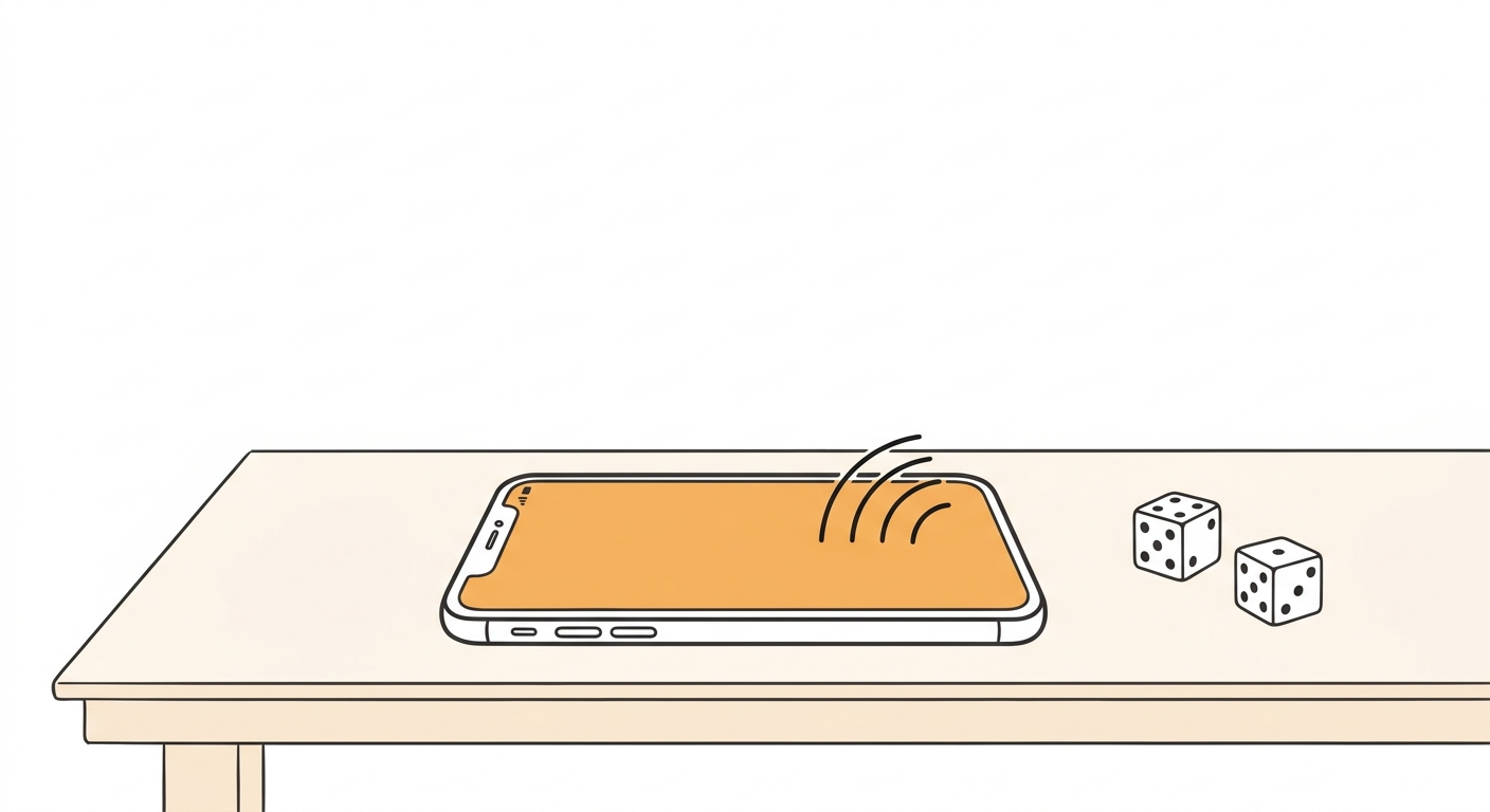 A smartphone on a tavern table recording sound waves next to dice